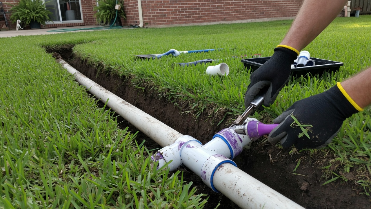 Addison Mid-Cities sprinkler pipe repair in a clay lawn trench